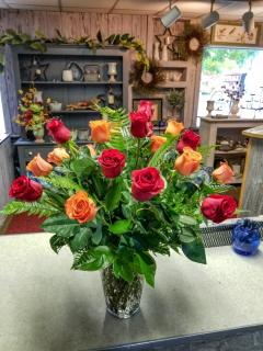 multi colored rose arrangement