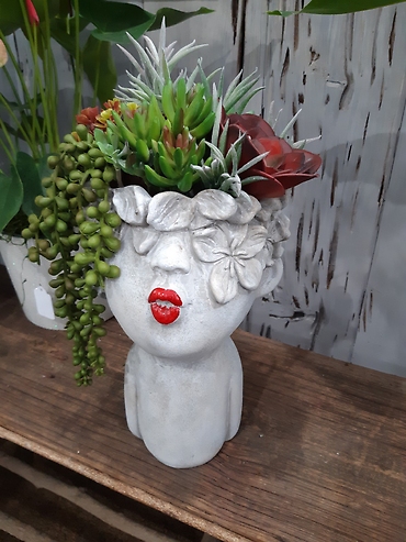 Kissing face planter with artificial succulents